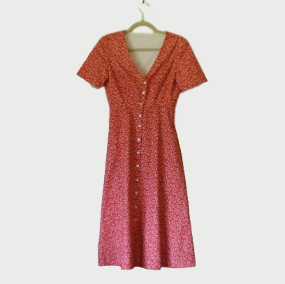 Cotton Orange Floral Short Sleeved Button Up French Style Dress